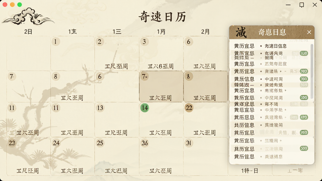 奇速日历软件运行界面截图风格,日历视图占据主体,每个日期格子下方用浅色小字标注农历日期,选中某个日期后,右侧弹出浮窗显示详细的黄历宜忌信息,整体设计古风与现代简约结合,米黄色背景配深色文字,排版整齐,画质清晰,无多余元素