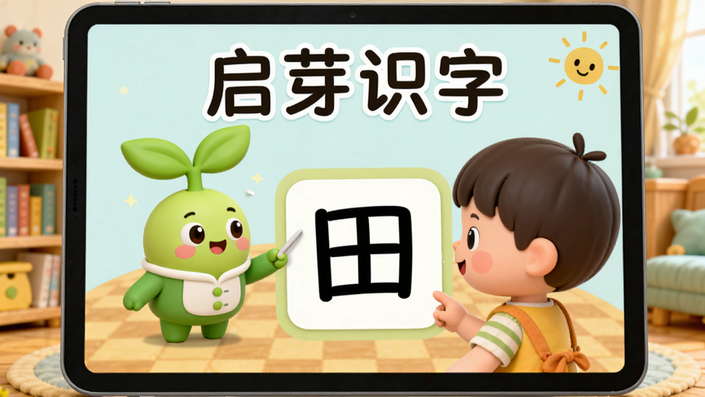 画面主体为启芽识字软件界面在平板电脑上显示的3D效果图,界面中有一个可爱的卡通芽苗吉祥物正在教一个小朋友认识“田”字,背景是温馨的儿童书房,色彩明亮清新,采用扁平化插画风格,细节精致,画质高清,干净无多余元素,屏幕中显示“启芽识字”四个大字
