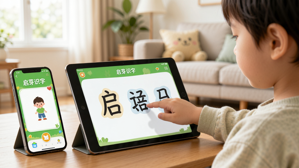 启芽识字软件在手机和平板上的使用场景图,画面中一个孩子用手指在平板上点击汉字,旁边放着家长手机,界面显示“启芽识字”的学习界面,背景是温馨的家庭客厅,光线明亮,画质清晰,干净无多余元素