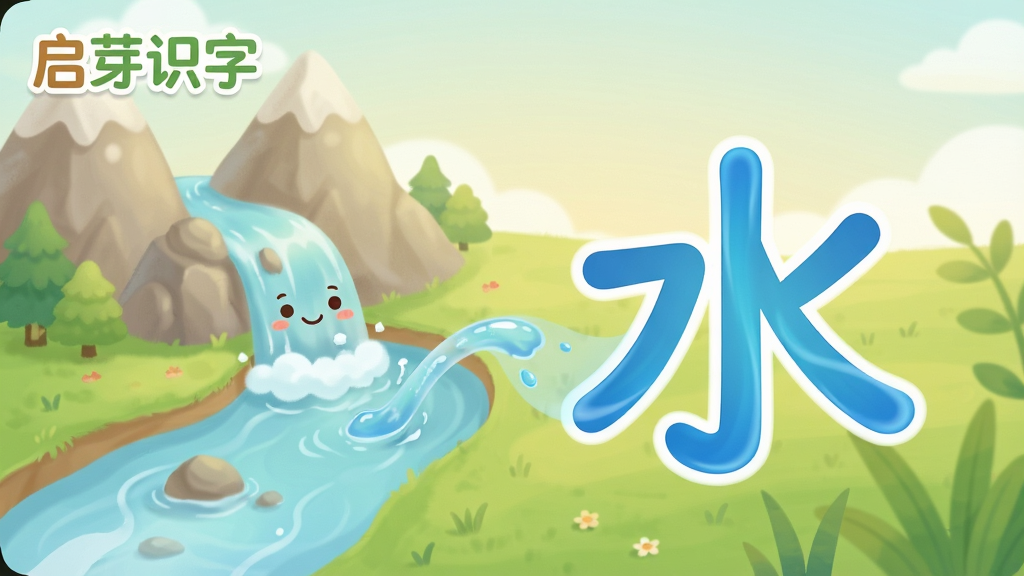 启芽识字软件中“水”字的教学动画截图,画面中一条清澈的小溪从高山流下,逐渐演变成汉字“水”,动画风格温馨可爱,色彩柔和,画质清晰,干净无多余元素,左上角有“启芽识字”的logo