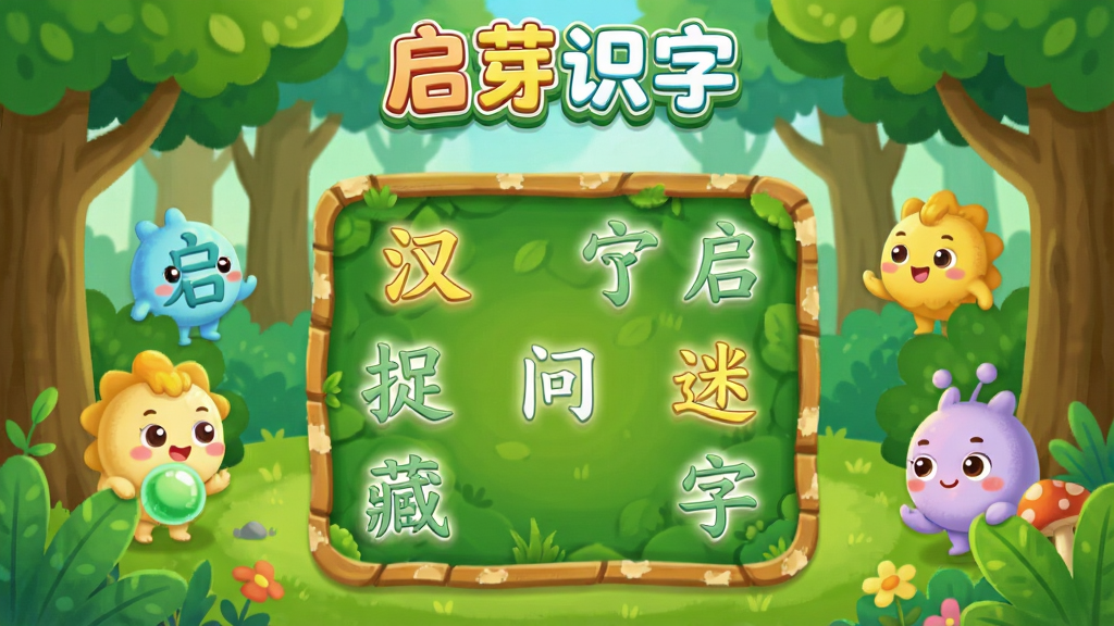 启芽识字软件的“汉字捉迷藏”游戏界面,画面中一群可爱的汉字小精灵躲在森林里,小朋友需要点击正确的汉字才能找到它们,游戏界面色彩鲜艳,卡通风格,画质高清,干净无多余元素,游戏顶部显示“启芽识字”
