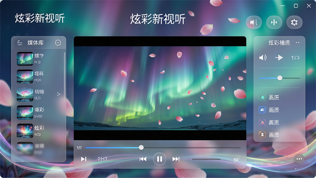 ���壺һ����Ϊ���Ų���������Flowery Media Player���������沥�������棬������ɫ�ʰ�쵵ļ����뻨��Ʈ����Ч�����֣��������������ڲ��ŵĸ�����Ƶ���棬���ܻ��ư�͸���Ĺ��ܰ�ť�벥���б����Ű棺��Ƶ����ռ���Ӿ����ģ����Ϊý��⵼�����Ҳ�Ϊ�����뻭�ʵ�����塣��񣺿Ƽ������������ںϣ�����ɫ��������ͣ���Ӱ��ηḻ��ϸ�ڣ���Ļ���С��Ų����������������������߿��������Ч���������������������ʣ�8K�����壬�ɾ��޶���Ԫ�ء�