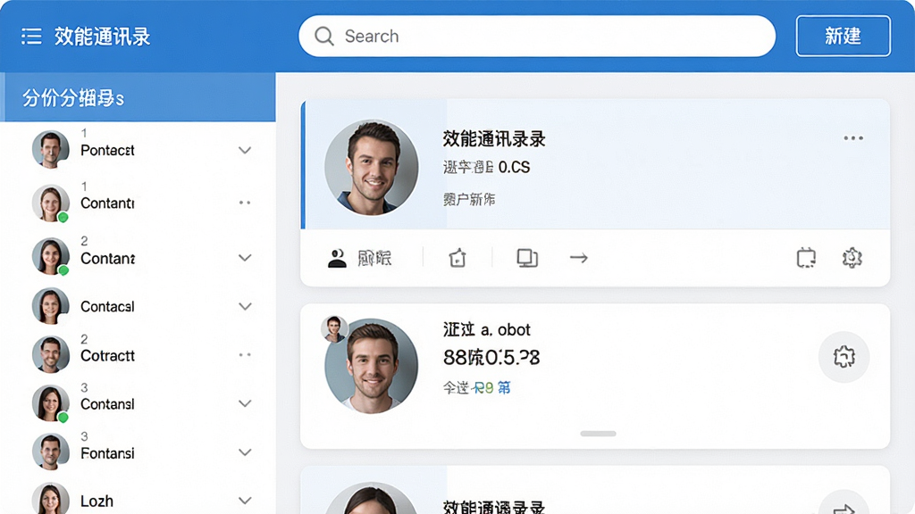 һ��չʾЧ��ͨѶ¼����������ĸ����ͼ��������ü���������ɫ�����Ϊ��ϵ�˷����б����Ҳ�Ϊ��ϵ�����鿨Ƭ����������������½���ť�����岼������������ִ������ʸɾ��޶���Ԫ��