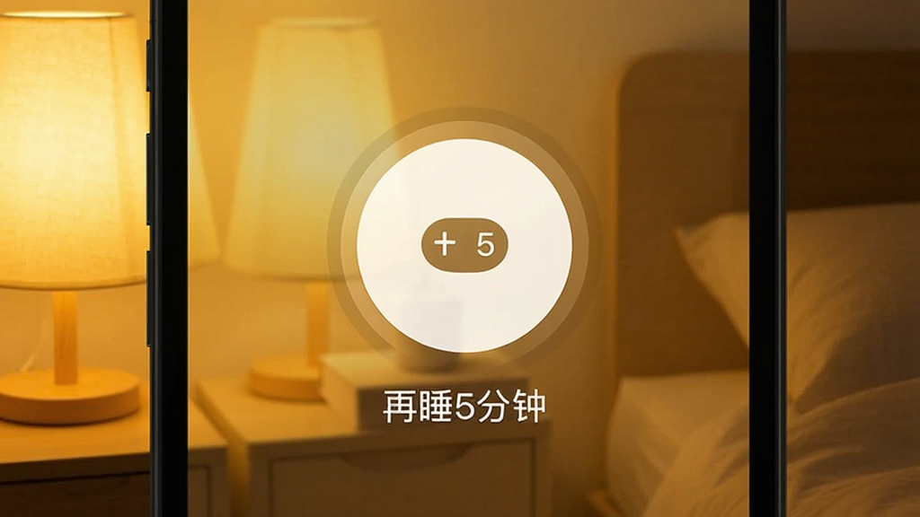 手机闹钟应用贪睡功能界面截图,界面显示一个圆形贪睡按钮,按钮下方有“再睡5分钟”的文字提示,背景为暖黄色的柔和灯光,营造出舒适宁静的氛围,画面干净整洁,无多余元素