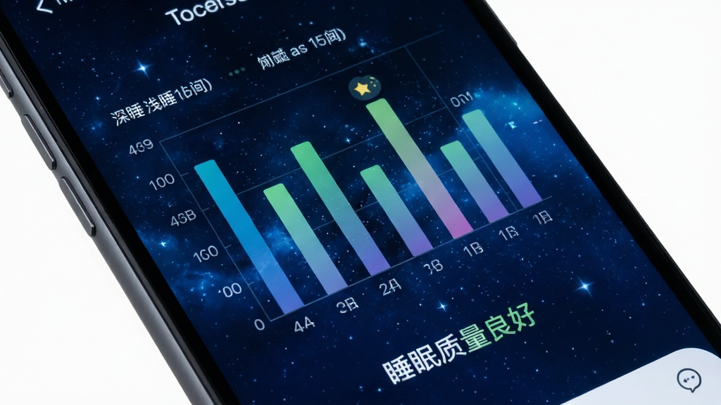 手机闹钟应用睡眠报告页面,屏幕上显示柱状图统计深睡和浅睡时间,图表下方有“睡眠质量良好”的评级文字,背景为深蓝色星空图案,整体风格科技感十足,画质清晰,无多余元素