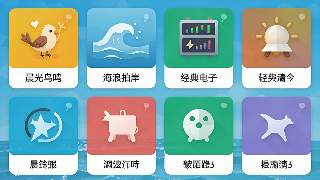 手机闹钟应用铃声选择界面,屏幕上排列着多个铃声图标,每个图标下方标注铃声名称,包括“晨光鸟鸣”、“海浪拍岸”、“经典电子”等,界面采用卡片式布局,色彩明快,画质清晰,无多余元素