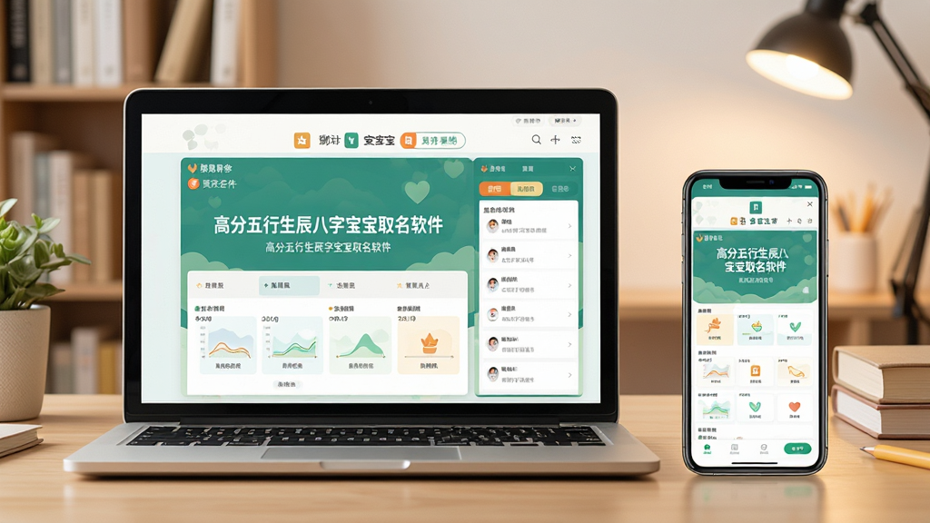一张“高分五行生辰八字宝宝取名软件”在手机和电脑上同时运行的场景图,左侧是一台笔记本电脑,右侧是一部智能手机,屏幕上都显示软件的主界面,画面风格温馨明亮,背景是书房环境,构图平衡,细节真实,画质干净无多余元素。