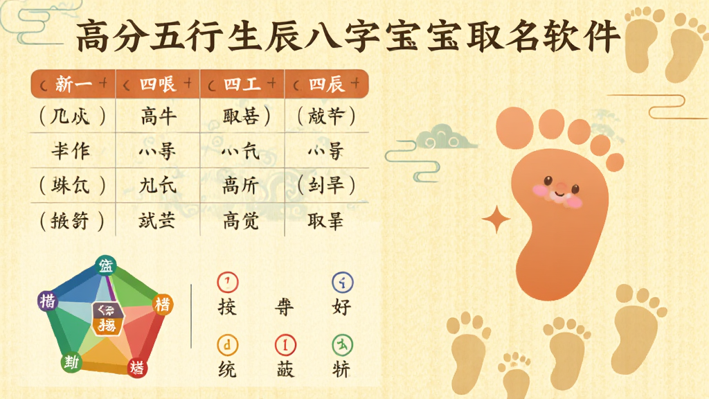 图片主体为“高分五行生辰八字宝宝取名软件”的八字排盘功能特写,左侧显示详细的四柱八字表格与五行统计图,右侧是一个可爱的婴儿小脚印图标,排列整齐,背景为浅黄色宣纸纹理,风格古典雅致,画面采用俯视构图,线条流畅,细节清晰,画质干净无杂物。
