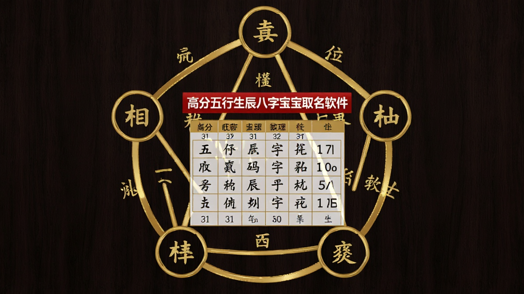 主体为“高分五行生辰八字宝宝取名软件”的三才五格分析图表截图,画面以金色线条勾勒出五行相生相克的环形图,中央是名字的笔画数理表格,表格上方有红色的“高分五行生辰八字宝宝取名软件”标识,背景为深色木纹质感,风格商务严谨,构图对称,细节丰富,画质干净。