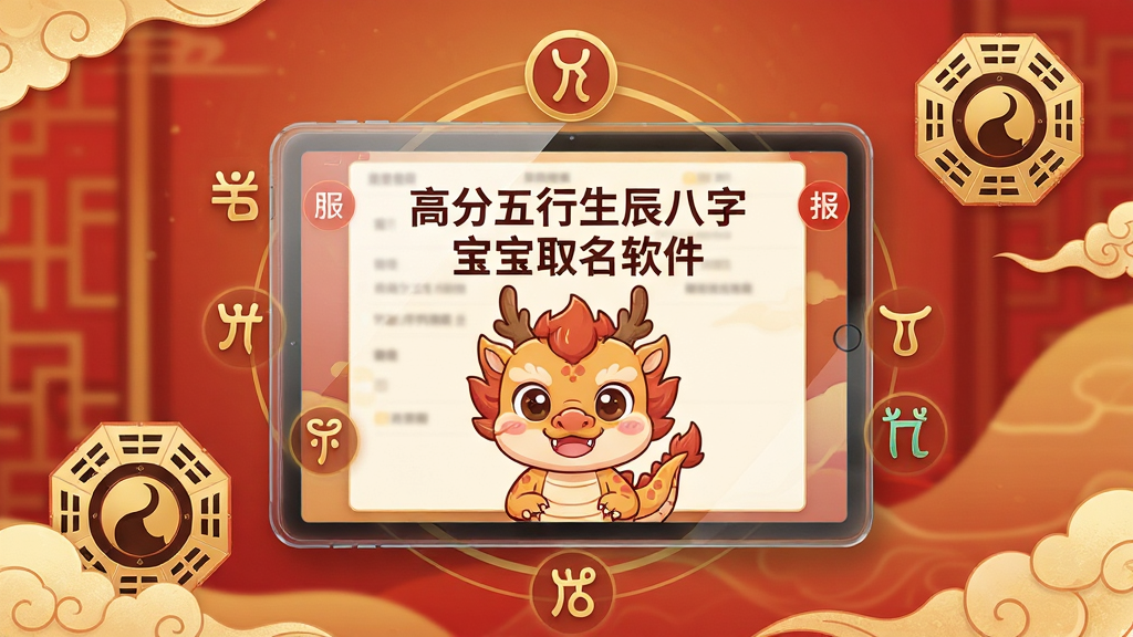 画面主体为“高分五行生辰八字宝宝取名软件”的界面展示图,主界面设计采用温暖的中国风红色与金色渐变背景,中央悬浮一个透明玻璃质感的平板电脑,屏幕内清晰显示宝宝姓名分析报告,报告上有“高分五行生辰八字宝宝取名软件”字样与一个可爱的卡通龙宝宝头像,构图居中,四周环绕着金色的五行符号、八卦罗盘与祥云纹理,整体排版疏朗大气,风格为现代扁平化结合国潮插画,细节精致,画质高清干净,无多余元素。