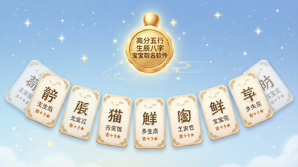 画面展示“高分五行生辰八字宝宝取名软件”的名字推荐列表页,背景是淡蓝色的渐变星空,中央显示一排排精美的中文名字卡片,每个卡片上写有名字及其吉凶评分,卡片呈弧形排列,上方悬浮着一枚发光的金色印章,印有“高分五行生辰八字宝宝取名软件”字样,整体布局有层次感,风格清新梦幻,细节丰富,画质高清。
