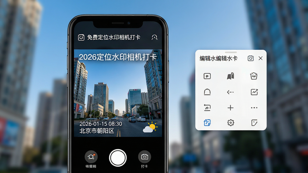 主体:手机屏幕展示“免费定位水印相机打卡”主界面,界面中央显示一张带时间、地点、天气水印的实景照片,背景为模糊的城市建筑与蓝天。布局:手机位于画面中心偏左,右侧悬浮显示水印编辑工具栏;排版简洁,上方为软件名称“免费定位水印相机打卡”,下方为功能图标;风格:写实摄影与UI界面结合,清晰明亮,干净无多余元素;细节:水印文字清晰可读,包含“2026-01-15 08:30”和“北京市朝阳区”字样;画质:高清,色彩自然,无多余元素。