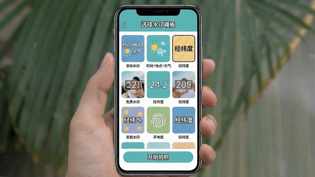 主体:手机竖屏界面展示“免费定位水印相机打卡”的水印模板库,网格布局显示多个水印样式缩略图。布局:界面顶部为“选择水印模板”标题,中间为模板网格,底部为“开始拍照”按钮;排版:模板缩略图整齐排列,每个模板下方有名称标签;风格:扁平化UI设计,色彩清新;细节:部分模板显示“时间+地点+天气”组合样式,部分显示“经纬度”样式;画质:清晰,无多余元素。