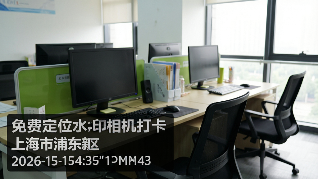 主体:一张带有“免费定位水印相机打卡”水印的实景照片,水印显示“2026-01-15 14:30 上海市浦东新区”及经纬度坐标。布局:照片占据整个画面,水印位于左下角,半透明黑色底白色文字;排版:水印文字整齐排列,清晰醒目;风格:写实摄影风格,光线自然;细节:照片内容为办公室内景,有电脑、桌椅,水印字体为黑体;画质:高清,干净无多余元素。