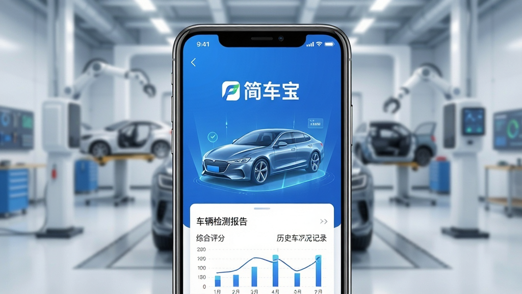 一幅现代简约风格的手机应用界面预览图,屏幕中央显示“简车宝”品牌标识和一辆线条流畅的轿车全息投影,界面以蓝白科技色调为主,布局清晰展示车辆检测报告摘要,包括综合评分、历史车况记录图表,背景为虚化的智能汽车维修车间,整体风格专业、干净、明亮