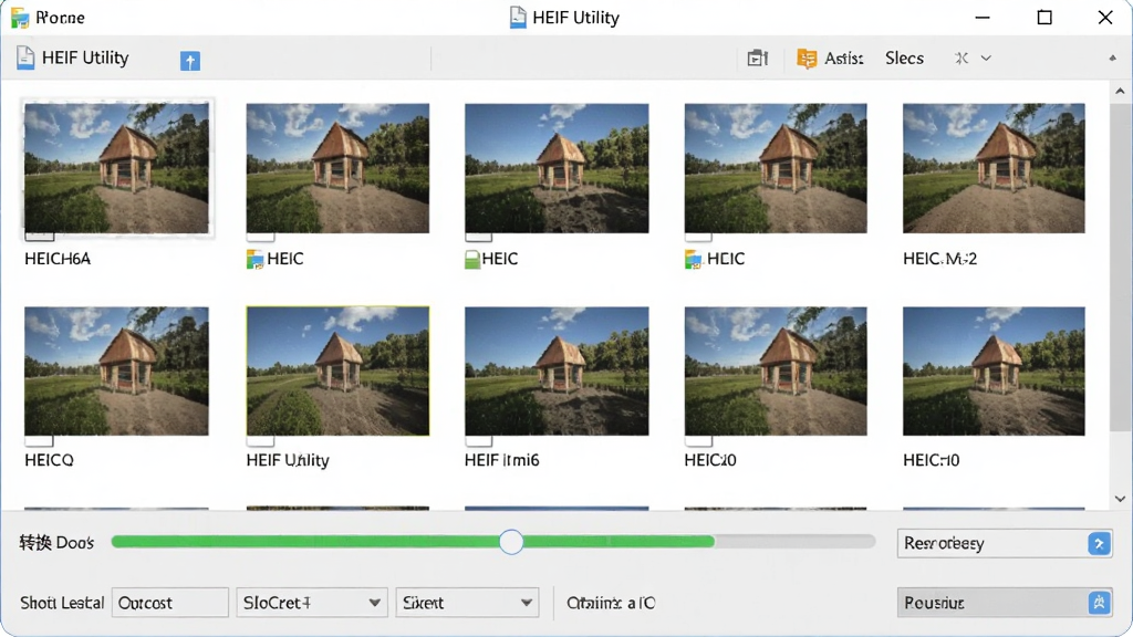 HEIF Utility批量转换功能预览图,主体为软件界面中多张HEIC图片排列,下方有转换进度条和输出格式选项,布局为列表式,排版整齐,风格实用,细节包括文件名称、格式下拉框,画质干净,无多余元素