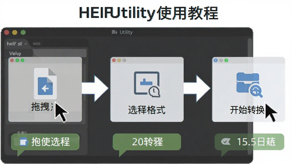 HEIF Utility使用教程步骤图,主体为软件操作界面,包含拖拽文件、选择格式、开始转换三个步骤,布局为步骤流程箭头,排版清晰,风格扁平化,细节有鼠标指针和提示文字,画质干净,无多余元素