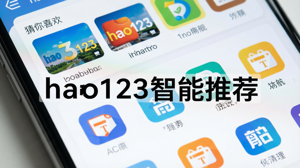 一张手机屏幕特写展示hao123导航APP的个性化推荐界面,主体为手机界面,布局采用卡片式排列,排版错落有致,风格清新简洁,细节包括推荐栏目标有“猜你喜欢”字样,画面中有多个彩色网站图标,画质干净明亮,无多余元素,图片中打文字“hao123智能推荐”