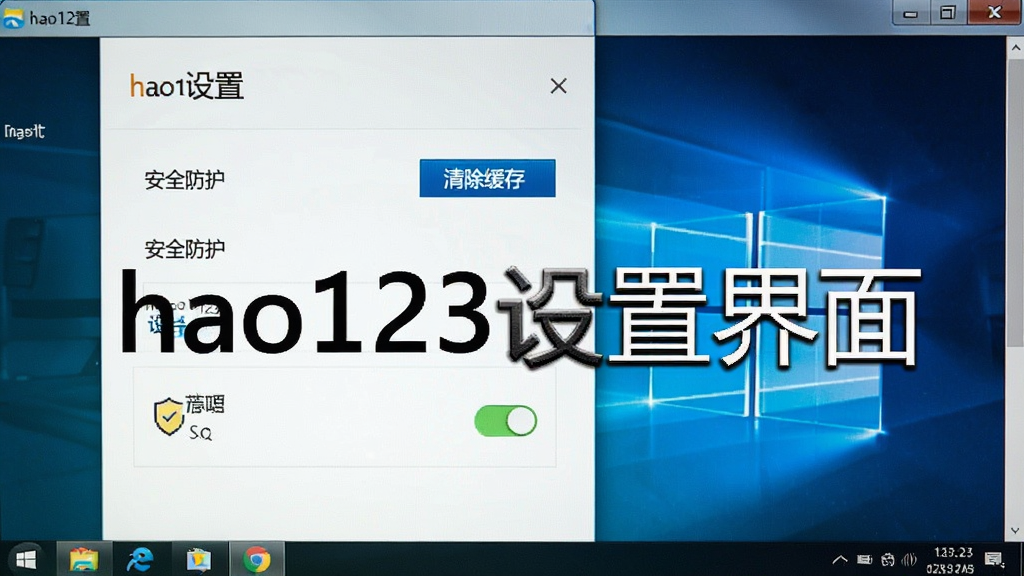一张电脑屏幕显示hao123设置界面的截图,主体为设置面板,布局清晰,排版规整,风格简洁,细节包括有“清除缓存”按钮和“安全防护”开关,画质干净,无多余元素,图片中打文字“hao123设置界面”