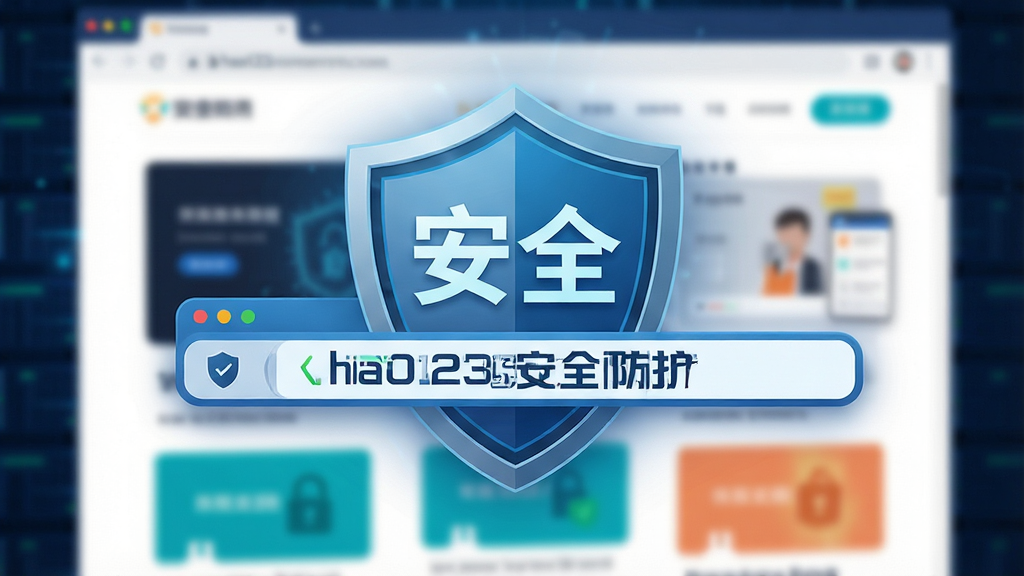 一张网络安全概念图,主体为一个盾牌图标覆盖在浏览器地址栏上方,布局居中,排版简洁,风格科技感十足,细节包括盾牌上有“安全”二字,背景为模糊的网页元素,画质干净,无多余元素,图片中打文字“hao123安全防护”
