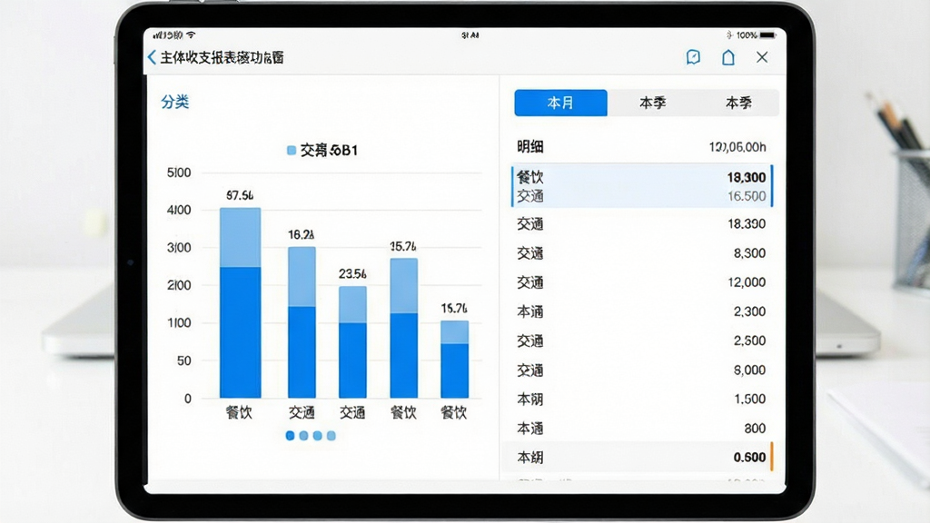 主体:收支报表功能界面,布局:平板横屏展示,左侧为分类条形图,右侧为明细列表,排版:报表页签“本月”“本季”高亮显示,风格:简约商务,白色背景,蓝色点缀,细节:条形图旁标注“餐饮”“交通”等类别,画质:清晰锐利,干净,无多余元素