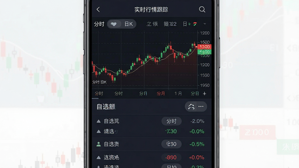 主体:实时行情跟踪界面,布局:手机竖屏展示,行情列表用红绿涨跌颜色区分,排版:上半部分为走势图,下半部分为自选列表,风格:专业金融风格,深色背景,细节:走势图标注“分时”“日K”等切换标签,画质:高清,干净,无多余元素