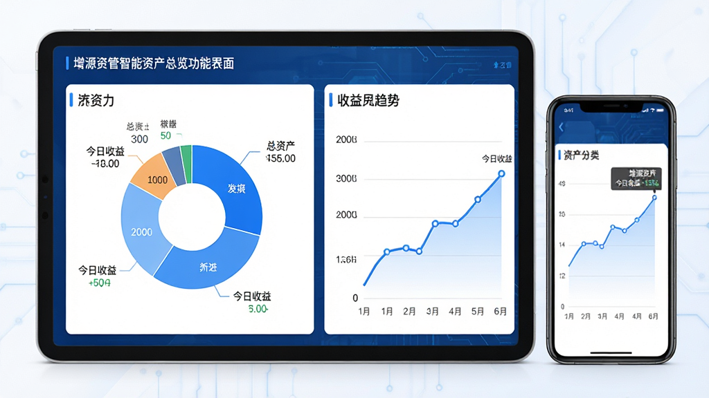 主体:增源资管智能资产总览功能界面,布局:平板电脑与手机并排展示同步效果,排版:左右分屏设计,左侧为资产分类饼图,右侧为收益趋势折线图,风格:商务科技感,蓝白配色,细节:图表数据标注“总资产”“今日收益”等文字,画质:高清晰度,干净,无多余元素