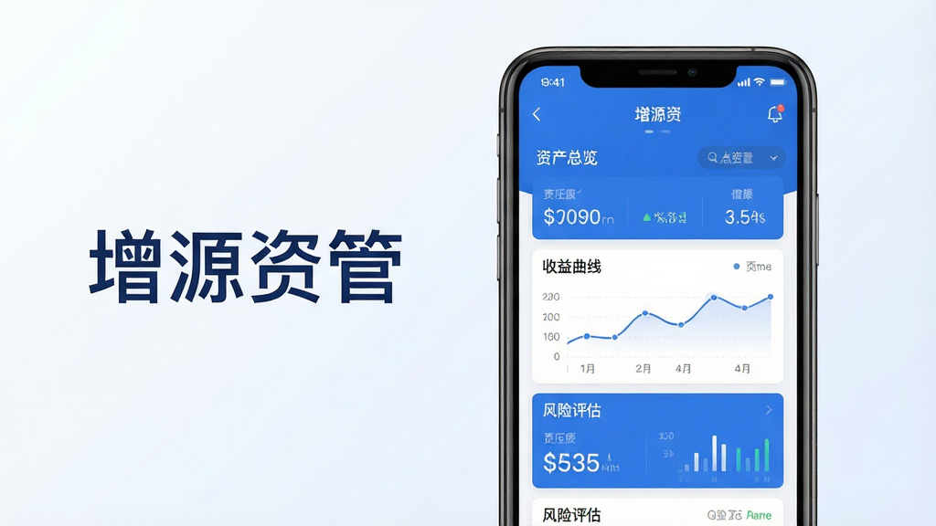 主体:增源资管APP界面展示,手机屏幕显示资产总览、收益曲线、风险评估等核心模块,布局:居中构图,手机模型占画面主要位置,背景为浅色渐变,排版:左侧留白放软件名称“增源资管”,右侧手机展示界面细节,风格:现代扁平化,色彩以蓝色和白色为主,细节:界面数据清晰可见,画质:高清渲染,干净,无多余元素