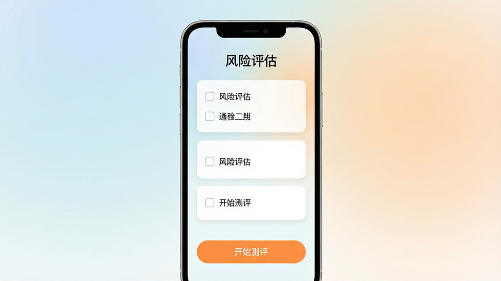 主体:风险评估问卷界面,布局:手机居中,背景为柔和渐变,排版:问卷选项以卡片形式排列,风格:清新简洁,浅色背景搭配橙色按钮,细节:屏幕上方显示“风险评估”标题,下方有“开始测评”按钮,画质:细腻渲染,干净,无多余元素