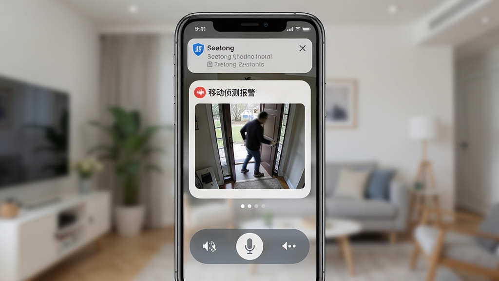 主体:一部手机屏幕显示Seetong的报警通知界面,通知卡片上显示“移动侦测报警”和一张抓拍的门口有人走动的照片,同时界面下方有语音对讲按钮。布局:手机竖屏居中,屏幕上方为通知详情,下方为功能按钮区域。排版:通知卡片采用圆角设计,按钮图标清晰,整体布局简洁。风格:写实科技风,界面UI现代。细节:抓拍照片内容清晰,语音按钮有麦克风图标,背景为模糊的室内环境。画质:高清,干净,无多余元素。
