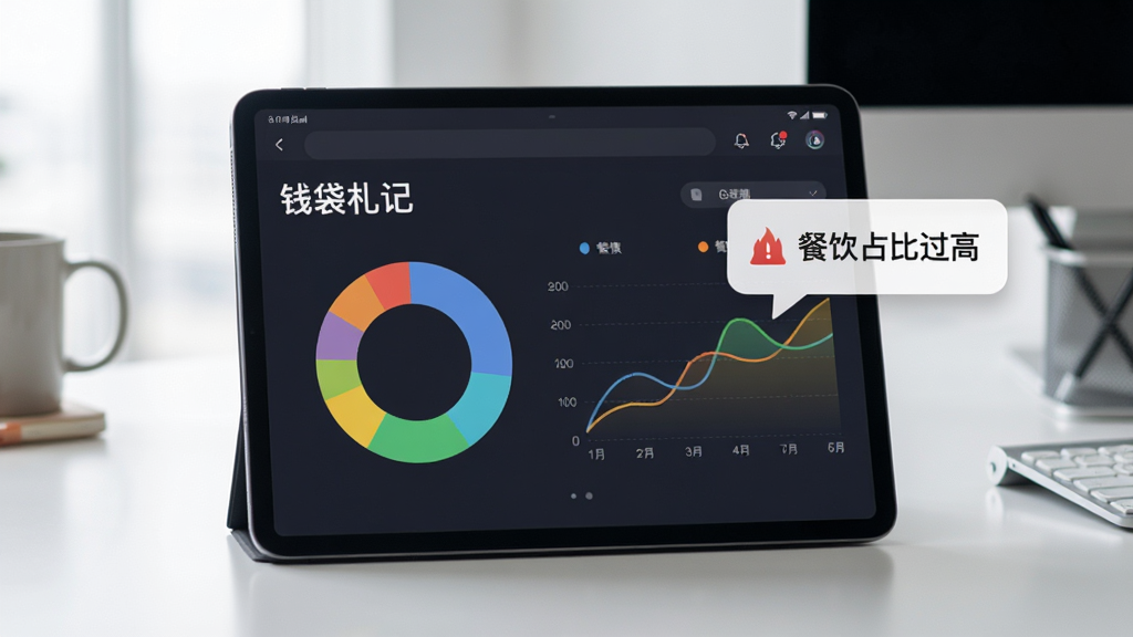 一台平板电脑上展示“钱袋札记”的报表页面,屏幕中显示彩色环形图与趋势曲线,旁边有“餐饮占比过高”的智能建议气泡,背景为简约办公桌,整体风格商务简洁,画质高清,无多余元素