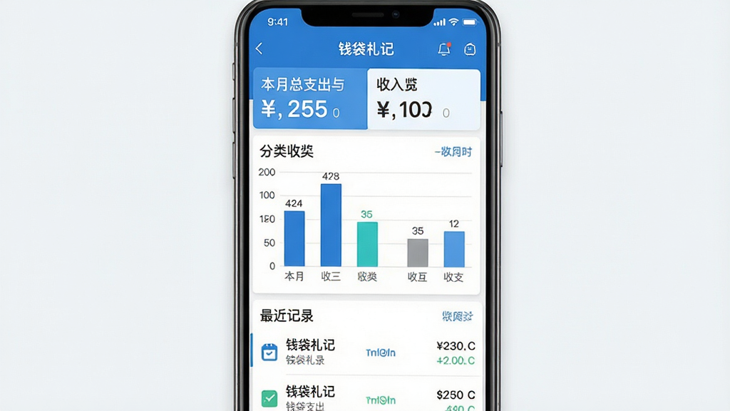 一张简洁明快的手机应用界面预览图,展示“钱袋札记”的主屏幕,上方显示本月总支出与收入概览,中间是分类清晰的收支条形图,下方是最近几笔交易记录列表,整体色调以蓝白为主,扁平化设计风格,UI元素干净利落,画质高清,无多余元素