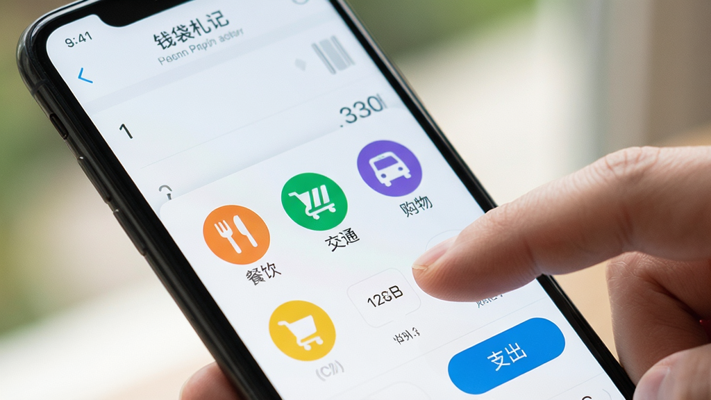 手机屏幕特写,手指正在“钱袋札记”应用上点击“支出”按钮,弹出分类选择界面,包含餐饮、交通、购物等彩色图标,背景虚化,突出操作流程的便捷性,界面风格清新自然,画质清晰,无多余元素