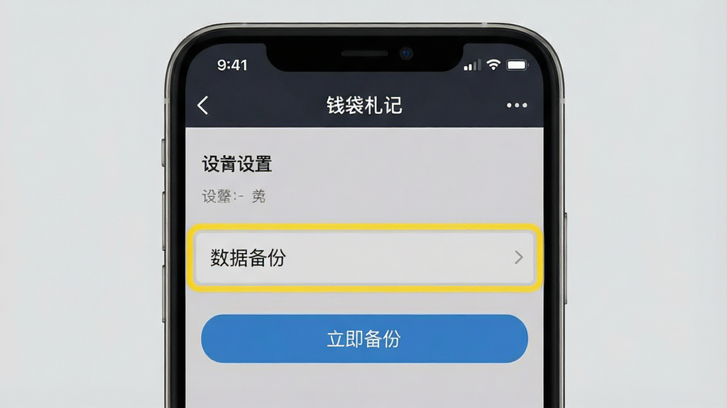 一张手机截图,展示“钱袋札记”的设置页面,其中“数据备份”选项被高亮框选中,下方有“立即备份”按钮,背景为纯色,画质干净,无多余元素