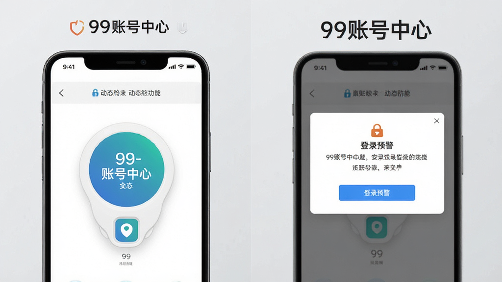 99账号中心安全防护功能展示图,画面分为左右两部分,左侧为手机令牌动态密码界面,右侧为登录预警提示弹窗,背景为浅灰色,配有“99账号中心”字样,风格写实,细节丰富,画质清晰