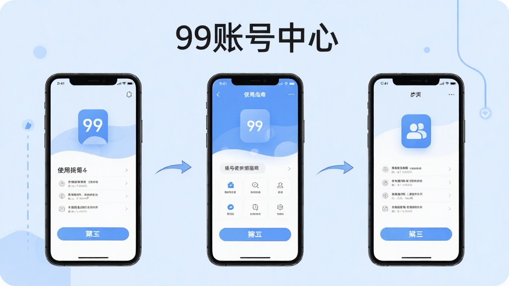 99账号中心使用指南插图,展示手机操作步骤示意图,背景为淡蓝色,有“99账号中心”字样,风格简洁,线条流畅,画质清晰,干净无杂物