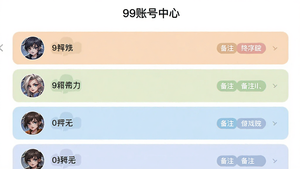 99账号中心多账号管理界面,展示一个列表,包含多个游戏账号,每个账号有头像、昵称和备注标签,背景为简洁的白色,顶部有“99账号中心”字样,风格扁平化,色彩柔和,画质干净