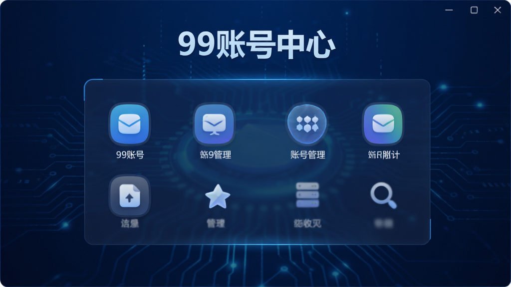 99账号中心软件主界面截图,以深蓝色科技感为背景,中央显示账号管理面板,上方有“99账号中心”字样,界面简洁清晰,图标圆润,整体风格现代,画质高清,干净无多余元素