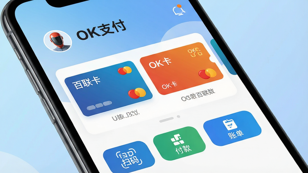 一张智能手机屏幕特写,屏幕内清晰显示OK支付应用的主界面,界面布局简洁现代,顶部显示“OK支付”字样和用户头像,中部以卡片形式展示“百联卡”、“OK卡”等卡券图标,底部有扫码、付款、账单等主要功能按钮,背景为柔和的渐变蓝色,整体风格明亮、干净、专业,画质高清,突出移动支付的便捷与安全,无多余元素。