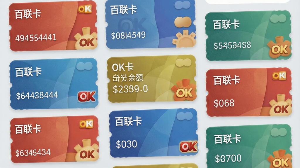 一张OK支付应用的卡券管理界面截图,屏幕中整齐排列着多张彩色卡券,每张卡券上清晰显示“百联卡”、“OK卡”等名称和卡号后四位,并标注有余额数字,背景为浅灰色,卡片设计圆润有质感,界面信息层级分明,风格简洁直观,画质清晰,强调卡券管理的便捷性,无多余元素。