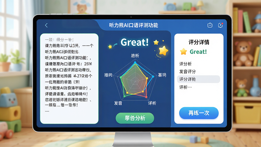 ���壺������AI�������⹦�ܽ��棬��Ļ������ʾ�÷ֺͷ��������״�ͼ�����֣�����ǿ���ԭ�ģ��Ҳ����������飬�ײ��С�����һ�Ρ���ť���Ű棺���ݿ��ӻ�ͼ����ɫ�ʷḻ�������ۣ����ּ�ࡣ��񣺿Ƽ�����ͯȤ��ϡ�ϸ�ڣ���Ļ�ϳ��֡�Great!������������Ƕ����������Ƕ�ͯ�鷿�����ʣ������������ɾ����޶���Ԫ�ء�