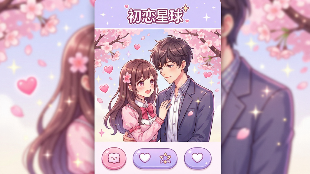 主体:一款名为“初恋星球”的恋爱模拟手机应用的主界面,画面中央是男女主角在樱花树下的温馨立绘,周围点缀着粉色的爱心与星光特效。布局:界面采用上下结构,上方显示应用名称“初恋星球”的LOGO,中间是角色互动区域,下方为功能按钮排列。排版:主视觉突出角色形象,按钮图标采用圆润可爱的设计风格。风格:日系动漫插画风,色彩明亮柔和,以粉色和淡紫色为主色调。细节:角色表情生动,服装细节丰富,背景中有飘落的花瓣和闪烁的星星。画质:高清细腻,整体画面干净无多余元素。