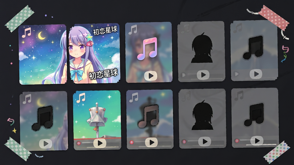 主体:收集图鉴界面,展示已解锁的剧情CG和音乐曲目,未解锁的以剪影显示。布局:采用网格状排列,每个格子内展示一张图片或一个音符图标。排版:图鉴页面采用深色背景,已解锁内容色彩明亮,未解锁内容为灰色剪影。风格:精致的手账风格,带有胶带和贴纸装饰元素。细节:已解锁的CG图片上有“初恋星球”水印,音乐条目有播放按钮。画质:界面干净,视觉层次分明。