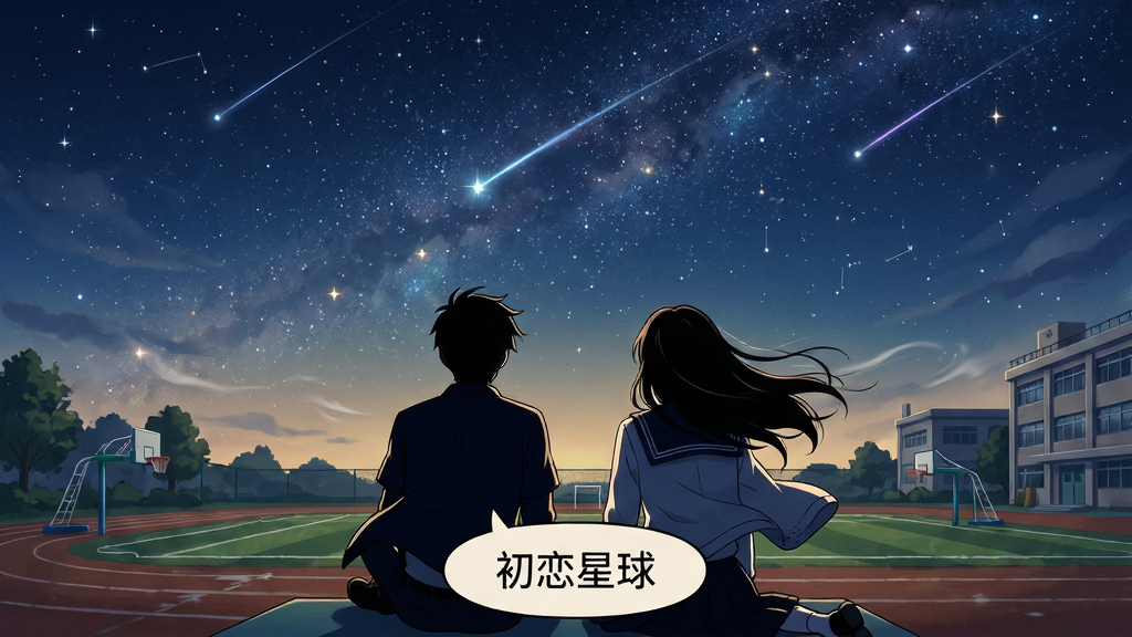 主体:游戏剧情中的一个关键场景,男女主角在夜晚的操场上并肩而坐,仰望星空,周围是静谧的校园环境。布局:画面采用横向构图,人物位于画面下三分之一处,星空占据上方大面积区域。排版:人物剪影与璀璨星空形成对比,下方有“初恋星球”的对话气泡框。风格:唯美治愈的动漫风格,带有淡淡的怀旧气息。细节:星空中点缀着流星,人物的发丝和衣角有微风吹动的效果。画质:高分辨率,画面干净通透,无多余元素。
