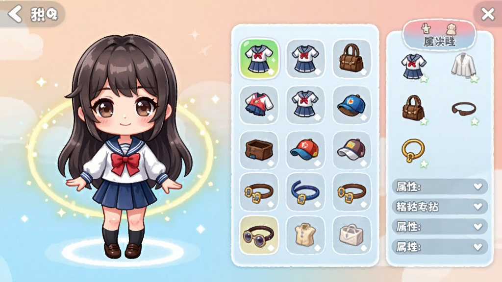 主体:角色养成界面,展示一位身穿水手服的女主角,周围有服装、配饰等更换选项图标。布局:左侧为角色全身立绘,右侧为物品栏和属性面板。排版:界面简洁清晰,功能分区明确,角色立绘占据主要视觉区域。风格:明亮可爱的Q版与正常比例结合,色彩鲜艳。细节:角色周围有微光环绕,物品栏图标设计精致。画质:画面干净,元素排列有序。