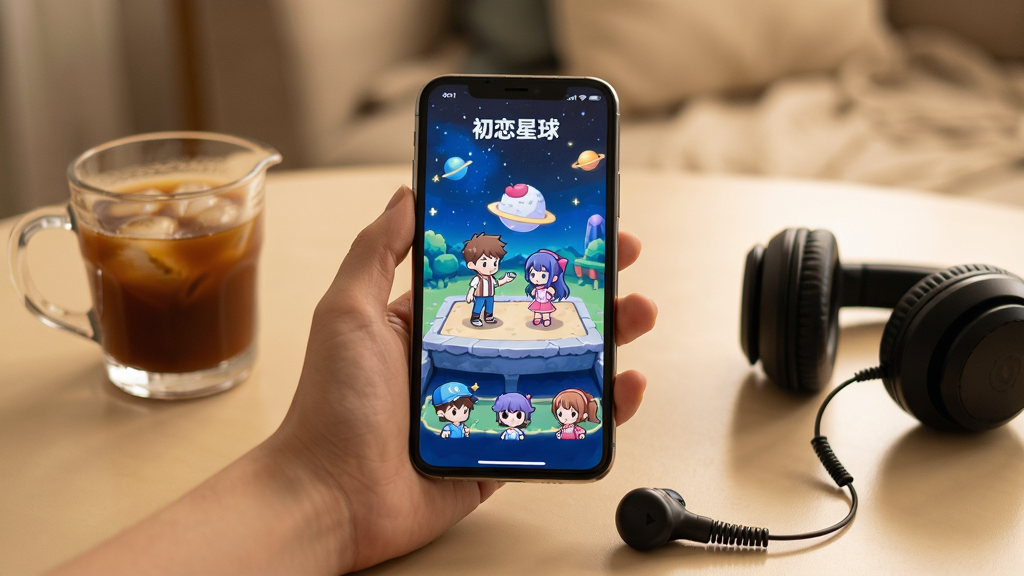 主体:玩家在手机上游玩“初恋星球”的实拍场景,手机屏幕显示游戏画面,旁边有一杯饮料和耳机。布局:手机位于画面中心,周围有柔和的桌面环境。排版:手机屏幕内容清晰可见,背景虚化。风格:生活化写实风格,光线温暖。细节:手机屏幕上显示游戏中的角色互动画面,耳机线自然垂落。画质:高清,画面干净舒适。