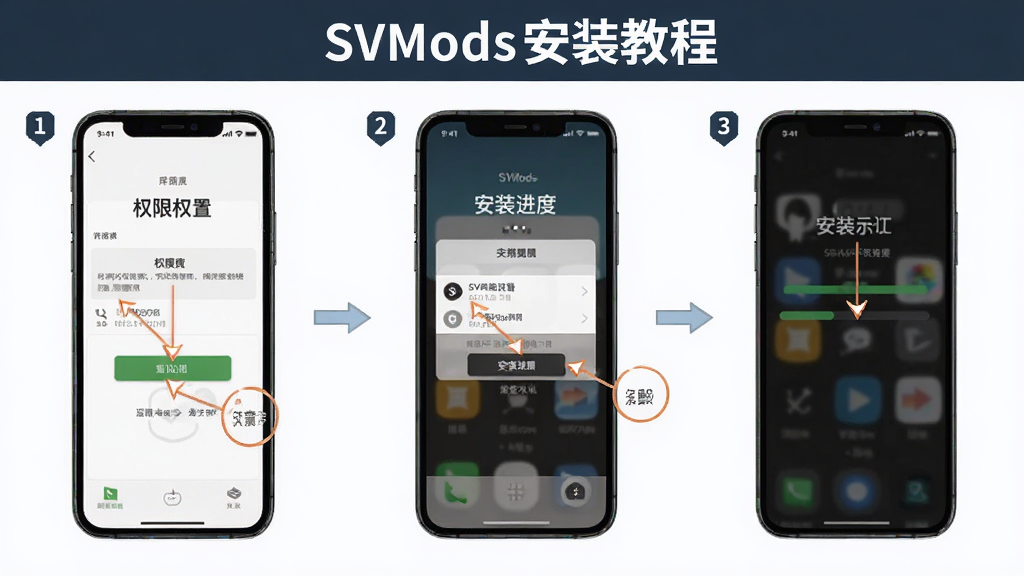 SVMods��װ�̳̲���ͼ������Ϊ�ֻ�����չʾȨ�������밲װ���ȣ�����Ϊ�ֲ�ͼʾ���Ű���������ѧ���ϸ�ڱ�ע����Ҫ�㣬���ʸɾ����޶���Ԫ��