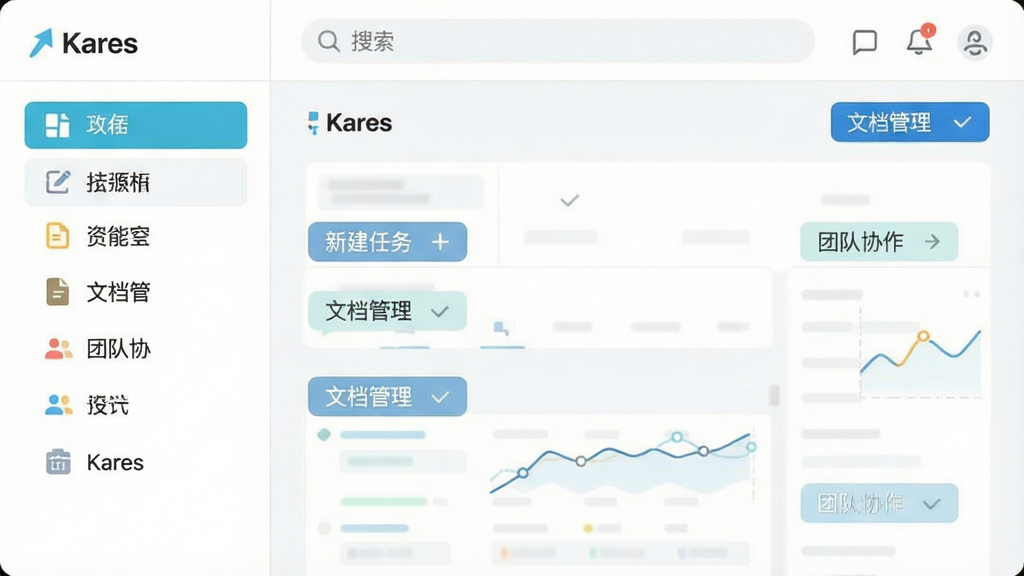 主体:Kares软件主界面,展示简洁的工作台布局。布局:左侧功能列表,右侧内容展示区,顶部搜索栏。排版:清晰的功能分区,图标与文字结合。风格:现代扁平化设计,色彩明亮清新。细节:界面中显示“Kares”字样,以及“新建任务”“文档管理”“团队协作”等按钮。画质:高清,干净,无多余元素