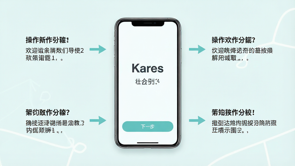 主体:Kares使用教程界面,展示新手引导。布局:中央是手机界面,周围有操作步骤说明。排版:步骤式排列,箭头指引。风格:清新简洁风,浅色背景。细节:手机屏幕显示“Kares”欢迎页,以及“下一步”按钮。画质:高清,干净,无多余元素