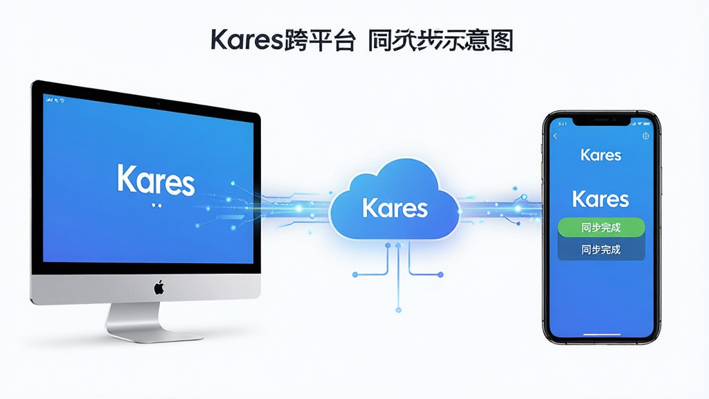 主体:Kares跨平台同步示意图,展示手机与电脑数据同步。布局:左侧电脑,右侧手机,中间有云同步图标。排版:对称布局,突出连接效果。风格:现代科技风,蓝色调。细节:屏幕中显示“Kares”字样,以及“同步完成”提示。画质:高清,干净,无多余元素